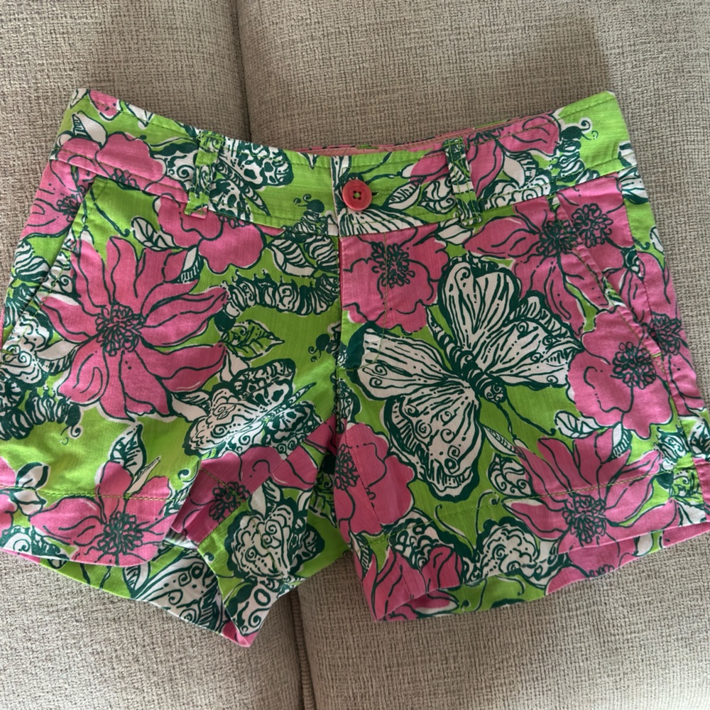 Lilly Pulitzer Pink & Green Floral Butterfly Cotton Shorts